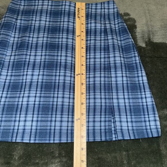John Galt Mini Skirt Women’s Small Blue Plaid Stretch Slits Preppy Back Zipper - Picture 5 of 6